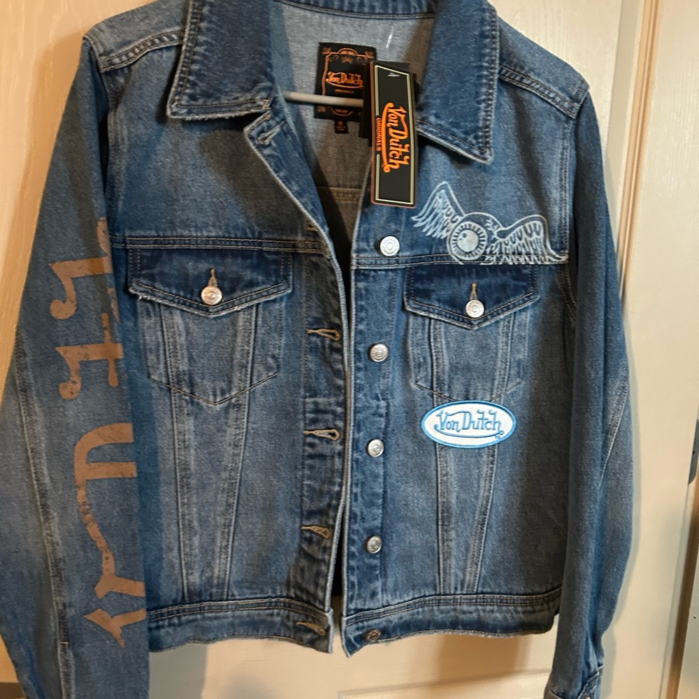 Von Dutch Light Blue Denim Jacket with Orange Logo Accents